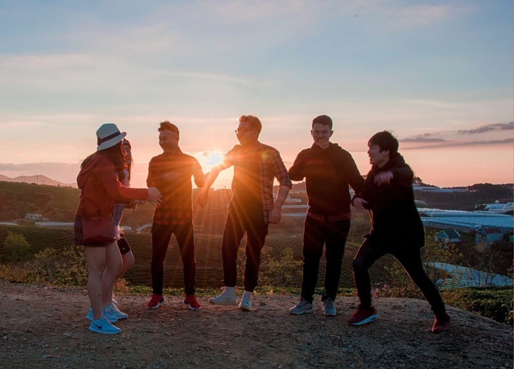 Group workshop at sunset